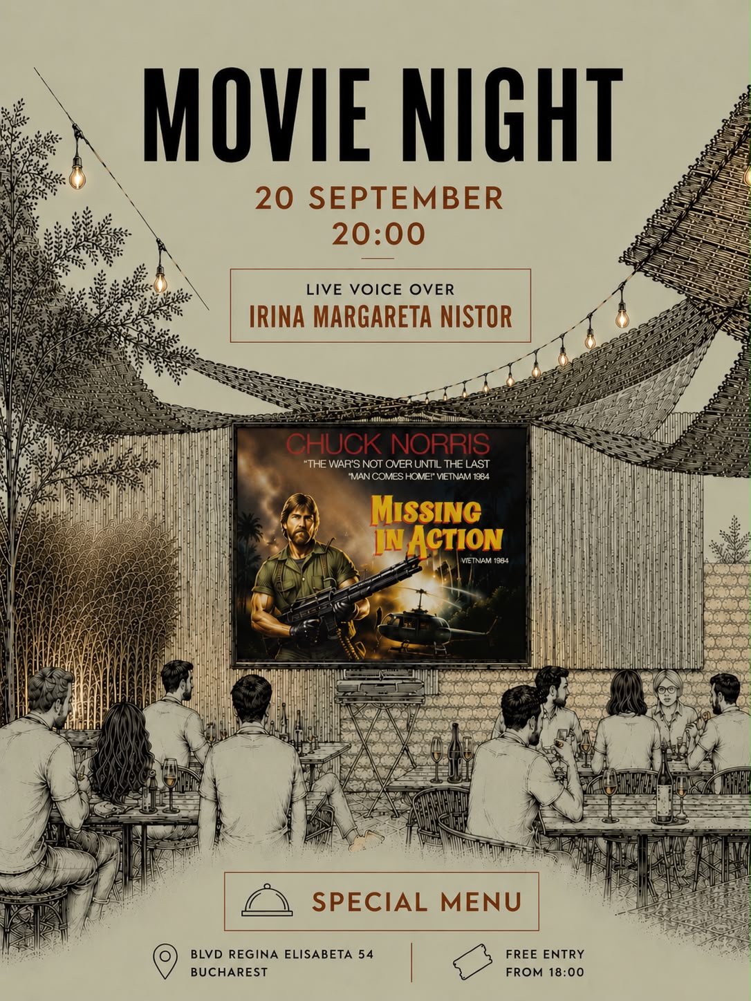 Movie Night - Missing in Action with Chuck Norris | 20 September - 20:00 h | Free entrance starting at 18:00 | Reservations: 0744 886 017